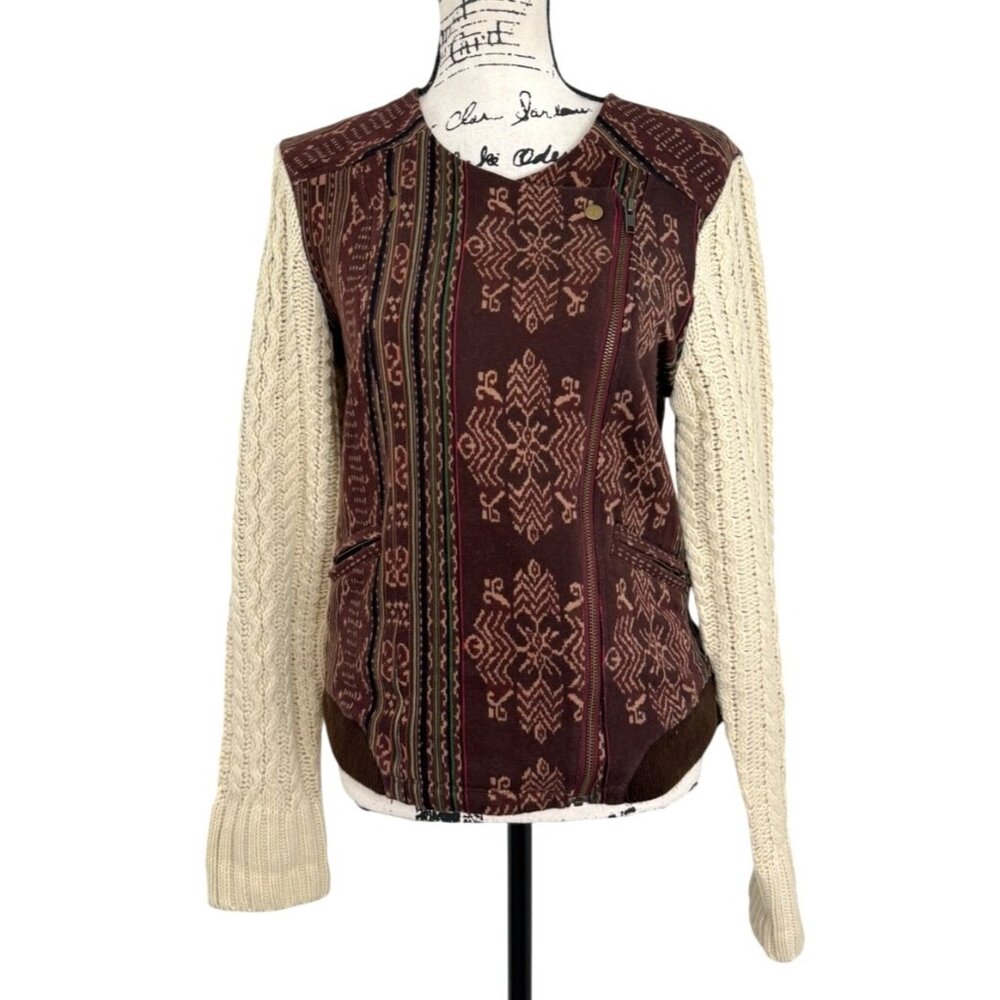 Lilka Hazan Anthropologie Moto Jacket Knit Sleeves Sweater Brown Cream Size M